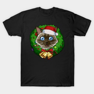 Siamese Cat Santa Christmas Wreath T-Shirt